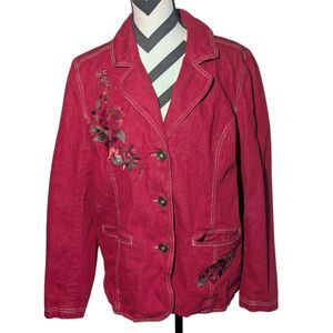 Denim & Company L Red ROSES Denim Jacket